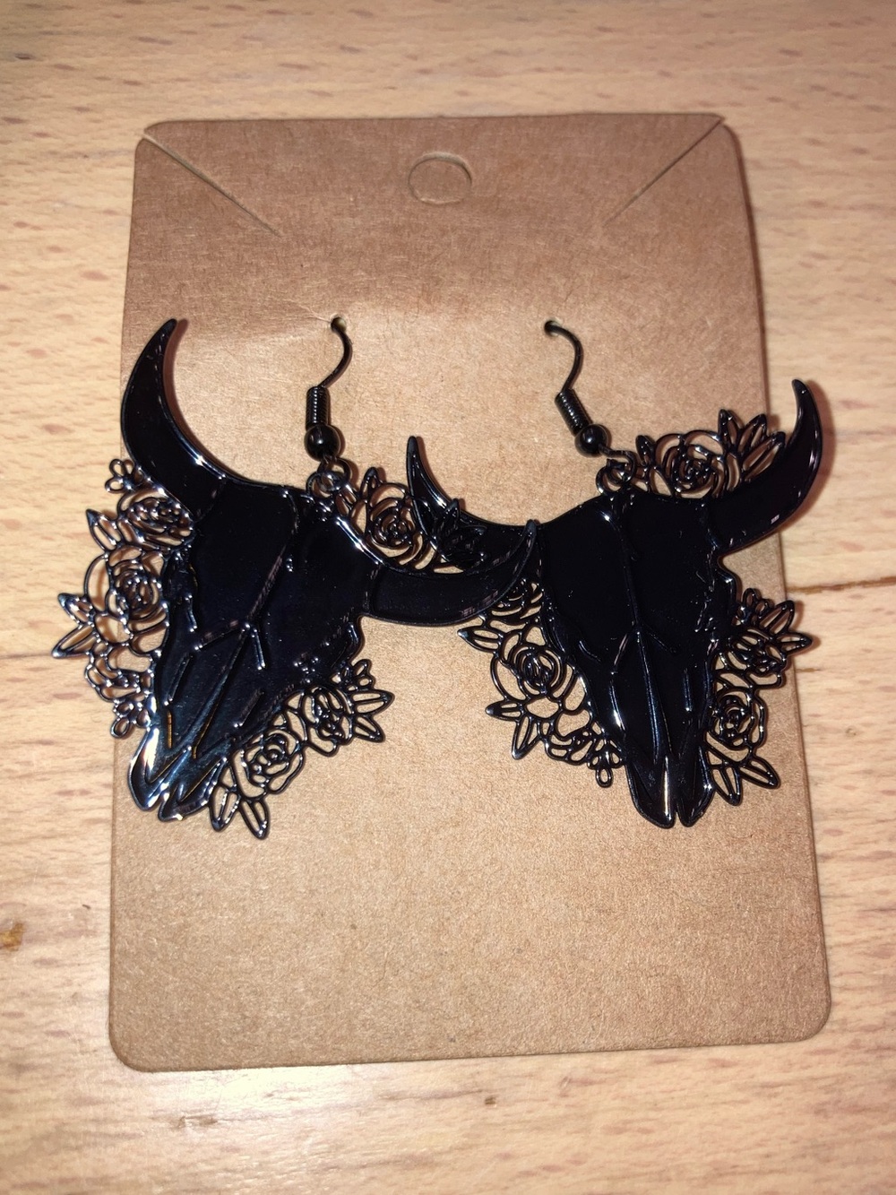 Black Bull Skull Dangle Earrings With Floral Lace Design  - Black - NWT